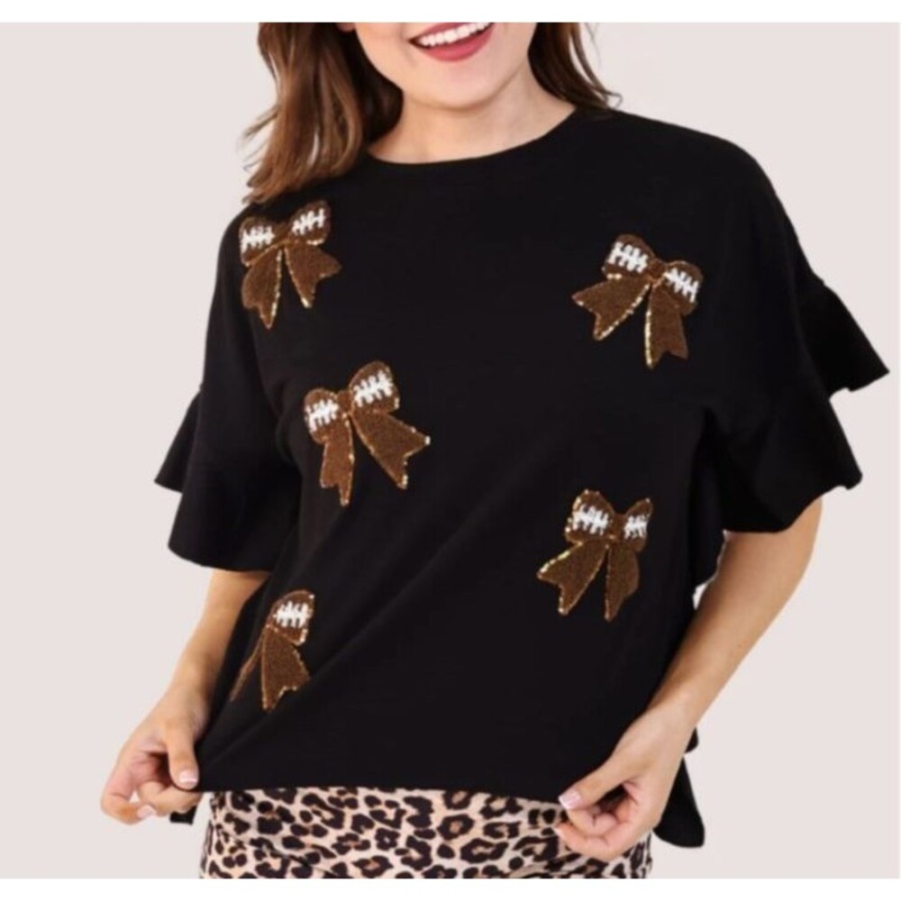 Jess Lea Sideline Sparkle Football Bow Ruffle Top Black Sequin Game Day Tee L